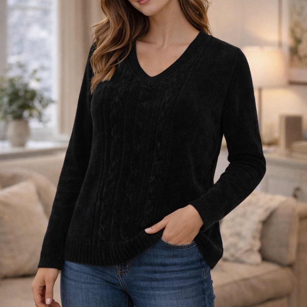 ByDesign Rich Black Cable Knit Sweater | Velvety Soft Winter Pullover | L